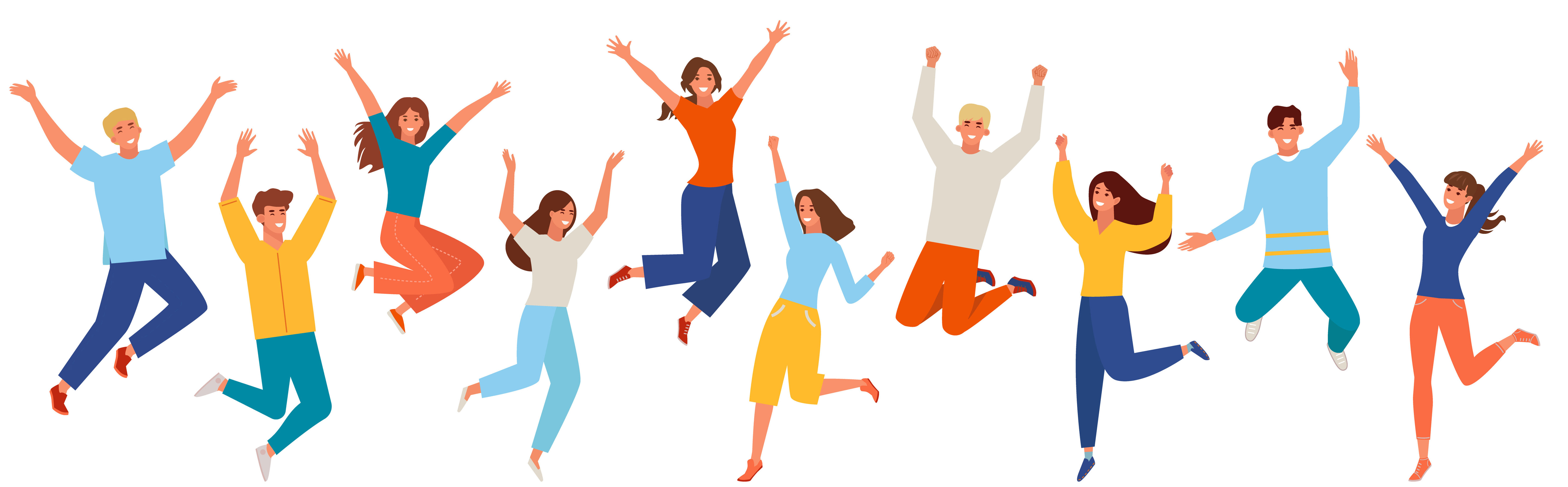 People happy jumping set. Young funny teens large group guy, girl, jumping together joy lifestyle celebration victory team smiling students celebrates success. Color cartoon vector.